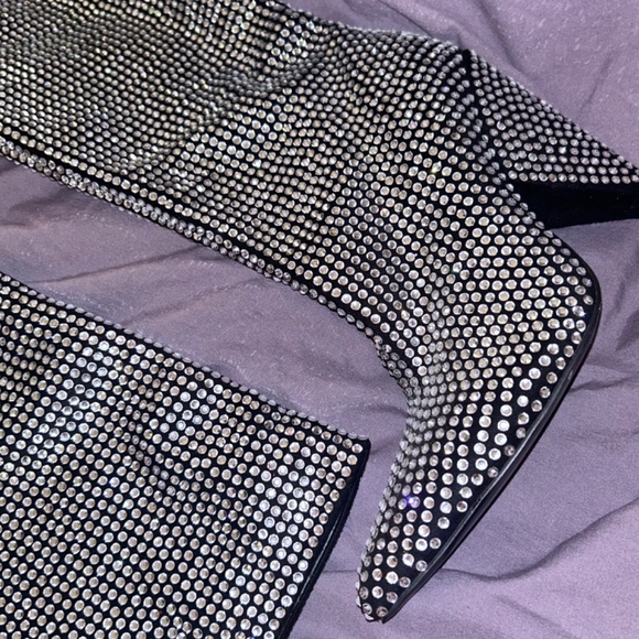 RHINESTONE EMBELLISHED CONE HEEL SLOUCHY BOOTS - Picture 12 of 12